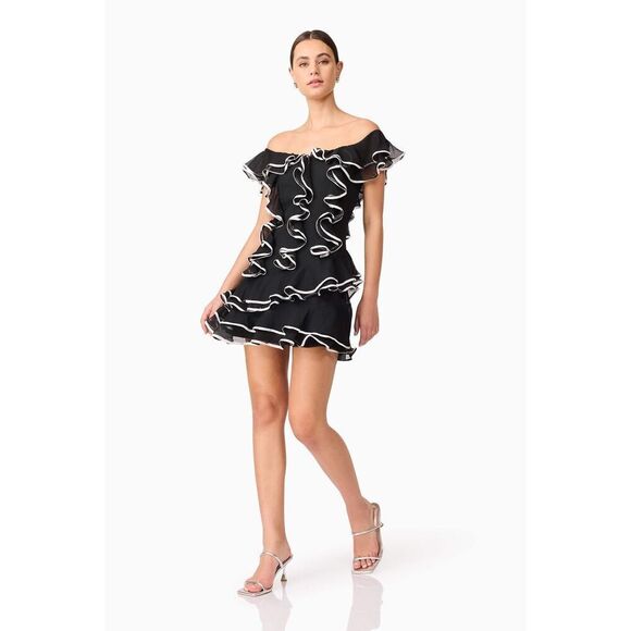 ELLIATT Melissa Tiered Mini Dress Black Wedding Guest Cocktail Party size S NWT - Picture 2 of 6
